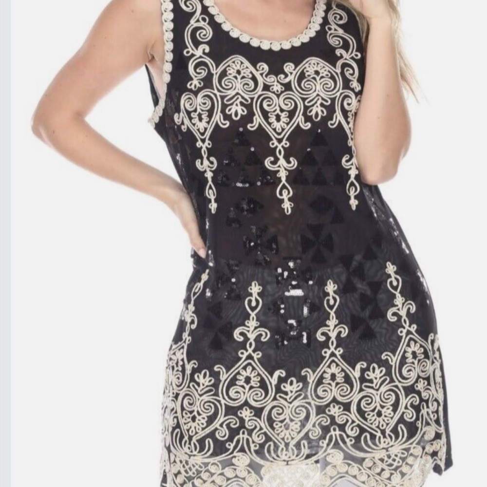 NWT Simply Couture Womens Black Sequin Sheer Soutache Mesh Sleeveless Top XL